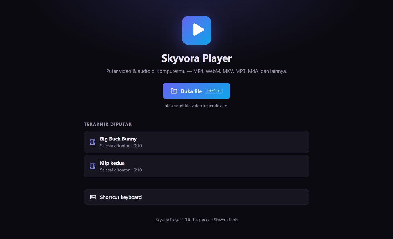 Layar awal dengan daftar terakhir diputar